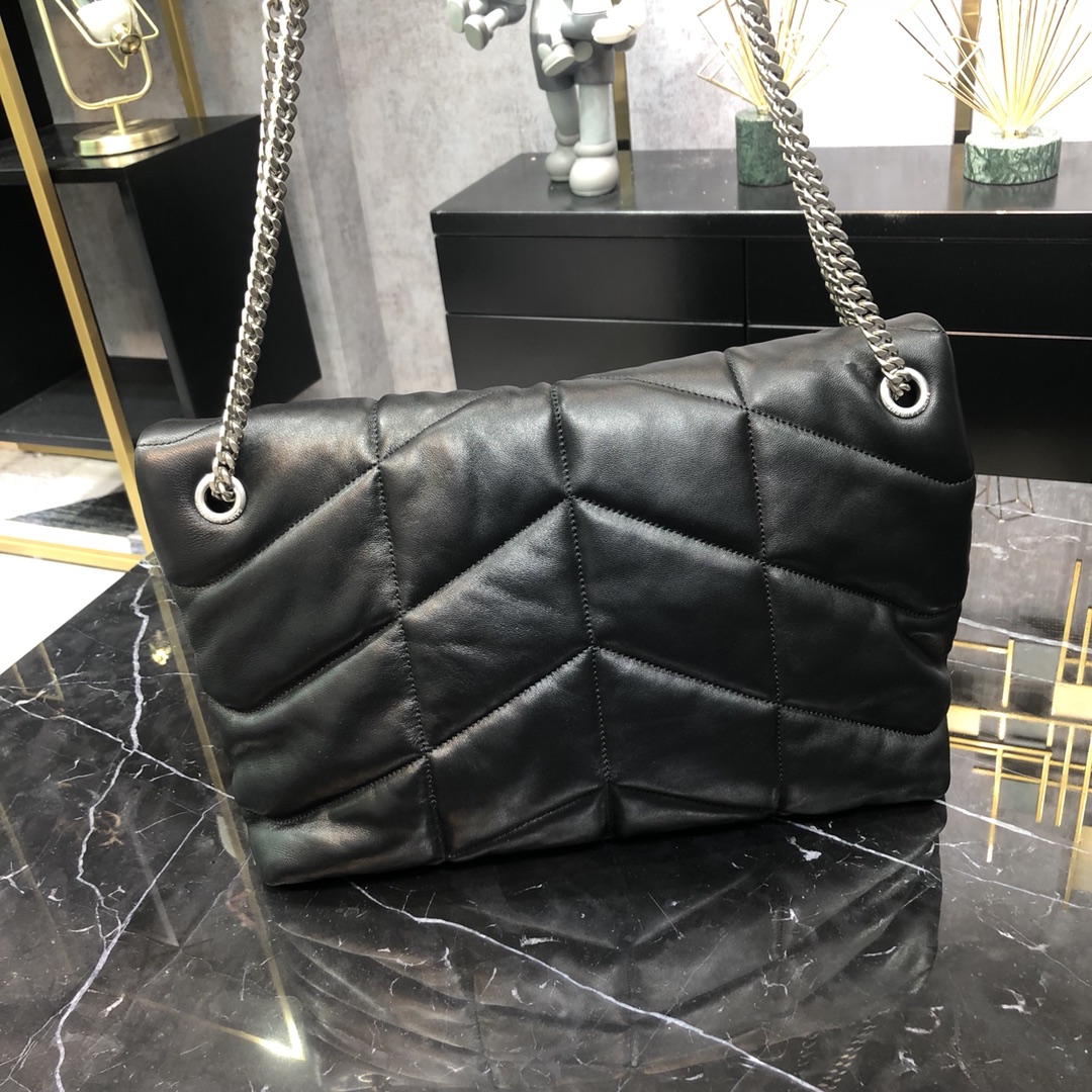 Saint Laurent Loulou Puffer Lambskin Shoulder Bag Handbag Black 577475 Silver